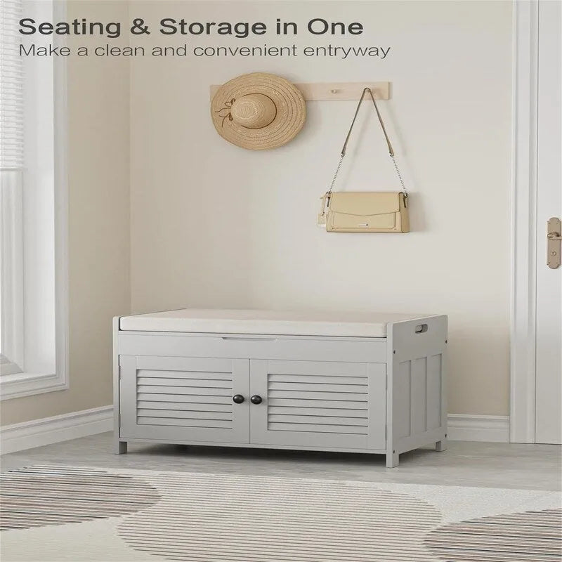 Shoe Storage Bench with Louvered Doors and Cushioned Seat