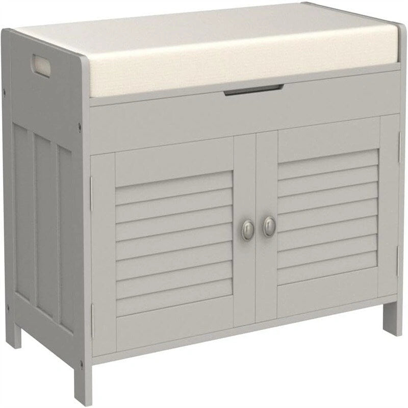 Shoe Storage Bench with Louvered Doors and Cushioned Seat