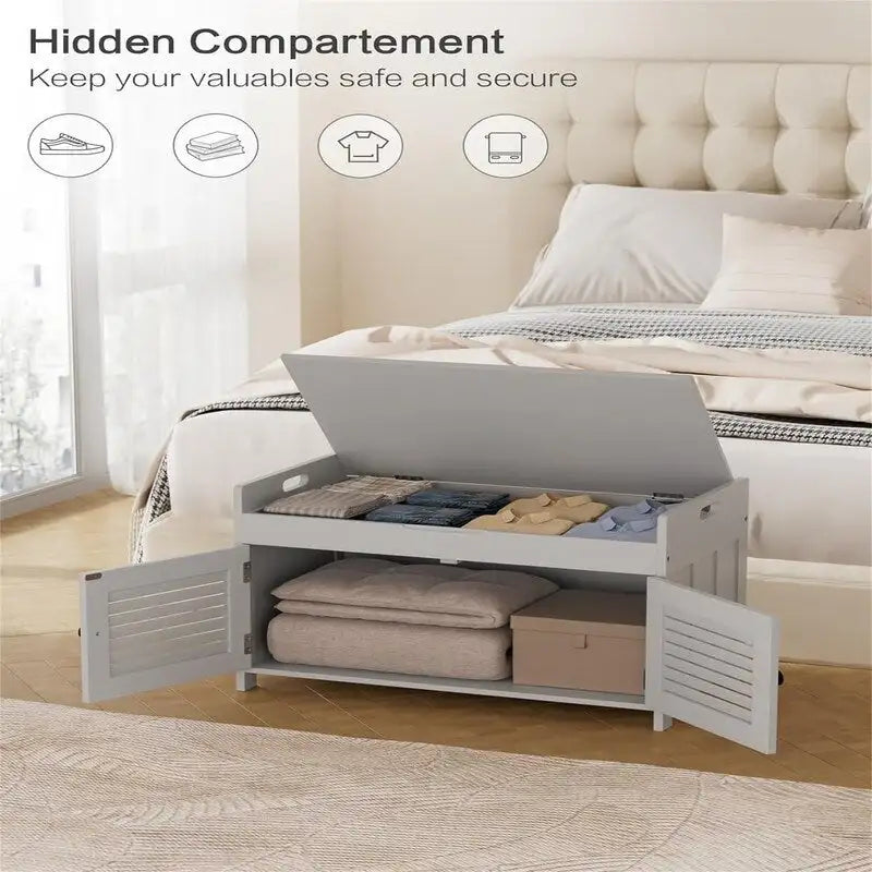 Shoe Storage Bench with Louvered Doors and Cushioned Seat