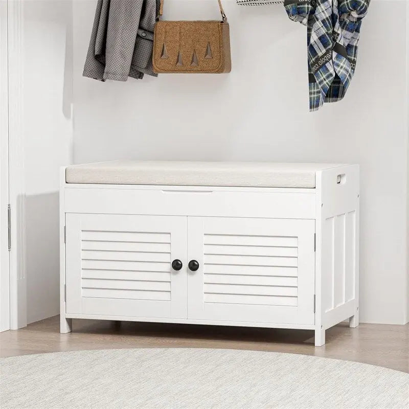 Shoe Storage Bench with Louvered Doors and Cushioned Seat