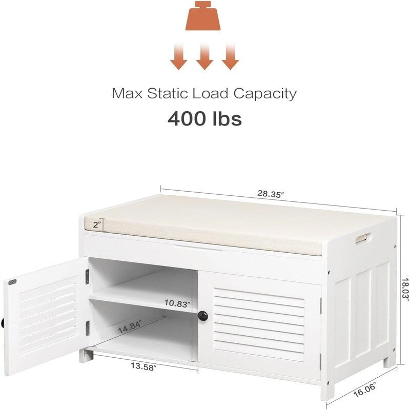 Shoe Storage Bench with Louvered Doors and Cushioned Seat