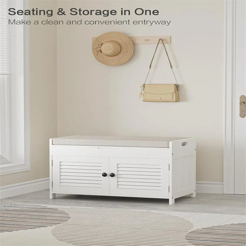 Shoe Storage Bench with Louvered Doors and Cushioned Seat
