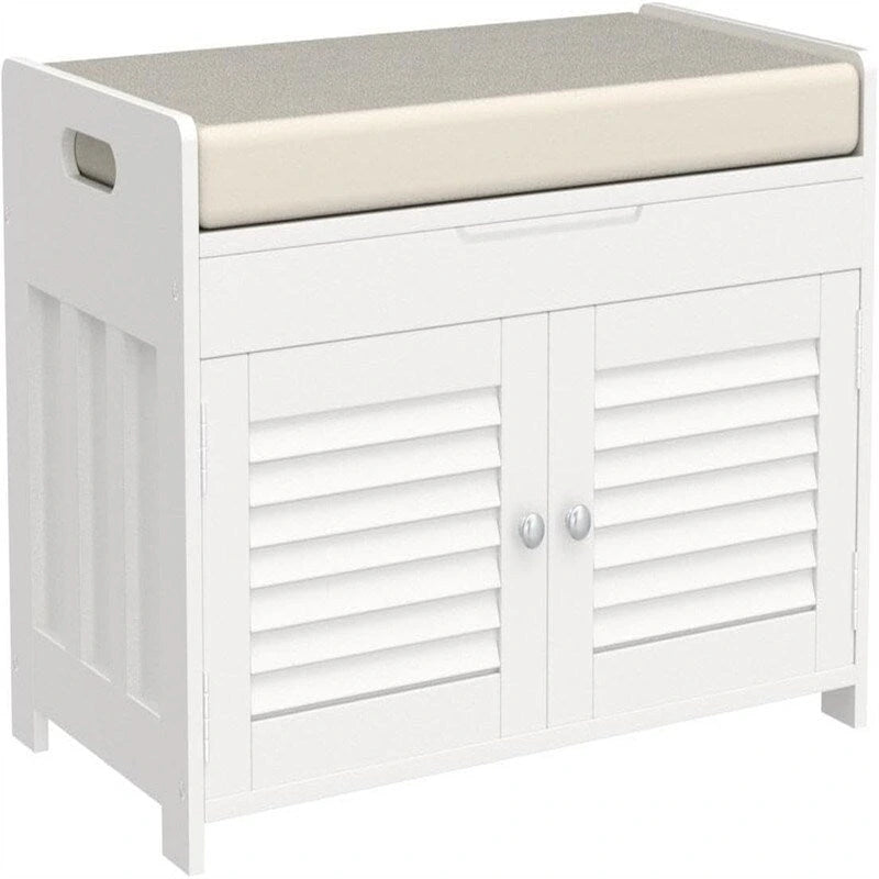 Shoe Storage Bench with Louvered Doors and Cushioned Seat