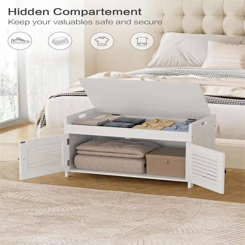 Shoe Storage Bench with Louvered Doors and Cushioned Seat