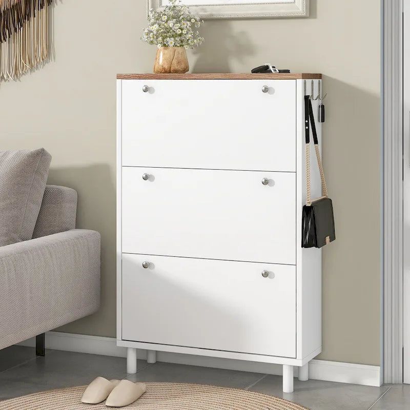 Shoe Cabinet with 3 Flip Drawers Wood Grain Pattern 3 Hooks Adjustable Shelves Free Standing Shoe Rack