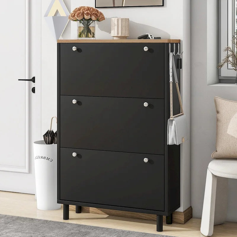 Shoe Cabinet with 3 Flip Drawers Wood Grain Pattern 3 Hooks Adjustable Shelves Free Standing Shoe Rack