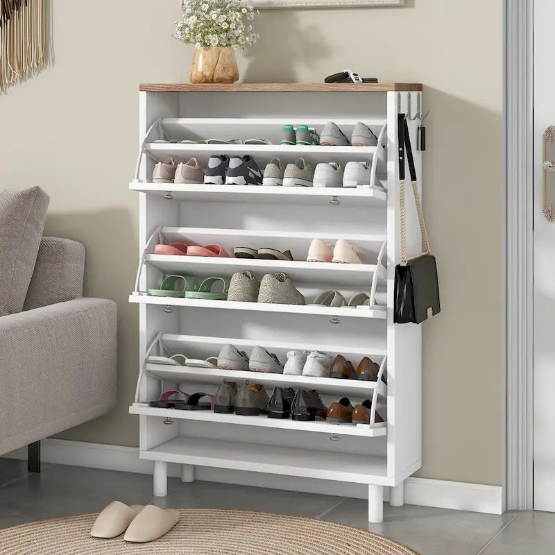 Shoe Cabinet with 3 Flip Drawers Wood Grain Pattern 3 Hooks Adjustable Shelves Free Standing Shoe Rack