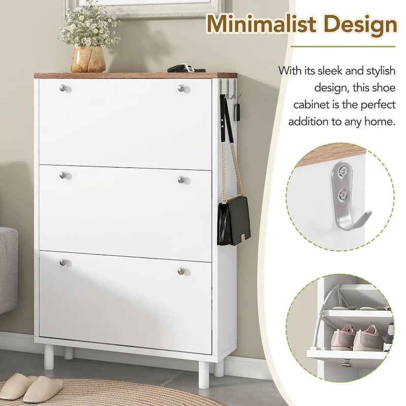 Shoe Cabinet with 3 Flip Drawers Wood Grain Pattern 3 Hooks Adjustable Shelves Free Standing Shoe Rack