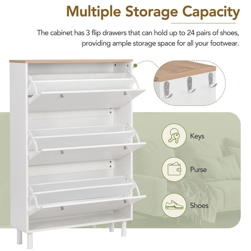 Shoe Cabinet with 3 Flip Drawers Wood Grain Pattern 3 Hooks Adjustable Shelves Free Standing Shoe Rack