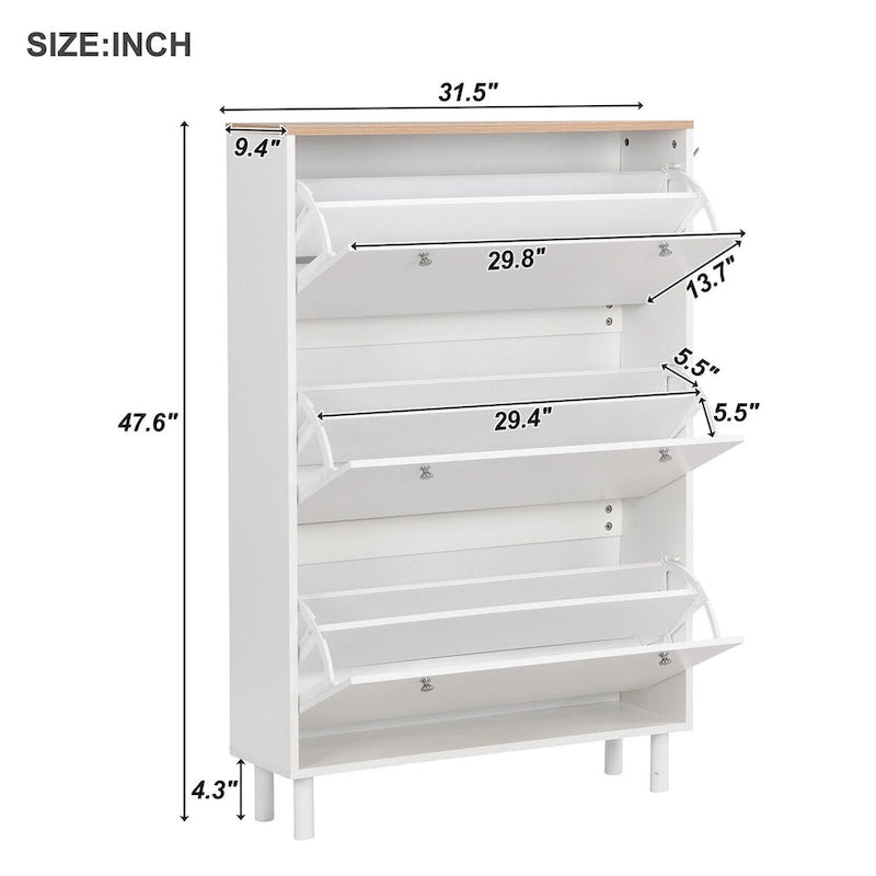 Shoe Cabinet with 3 Flip Drawers Wood Grain Pattern 3 Hooks Adjustable Shelves Free Standing Shoe Rack