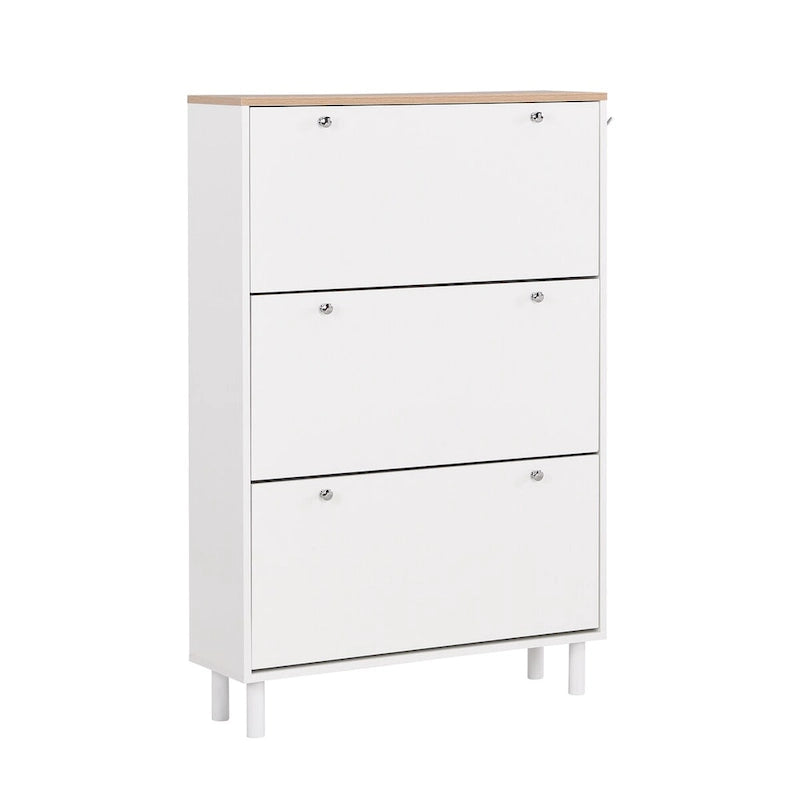 Shoe Cabinet with 3 Flip Drawers Wood Grain Pattern 3 Hooks Adjustable Shelves Free Standing Shoe Rack