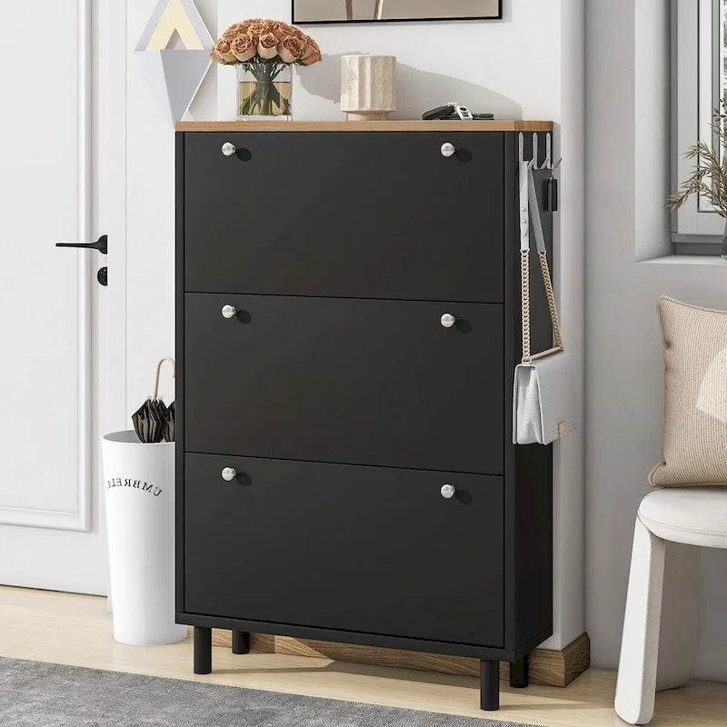 Shoe Cabinet with 3 Flip Drawers Wood Grain Pattern 3 Hooks Adjustable Shelves Free Standing Shoe Rack