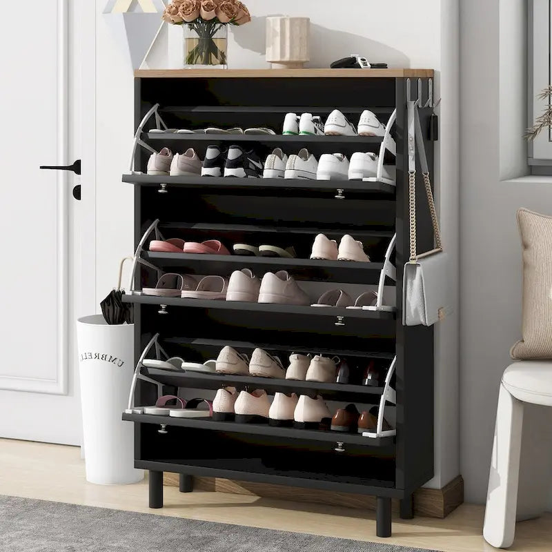 Shoe Cabinet with 3 Flip Drawers Wood Grain Pattern 3 Hooks Adjustable Shelves Free Standing Shoe Rack