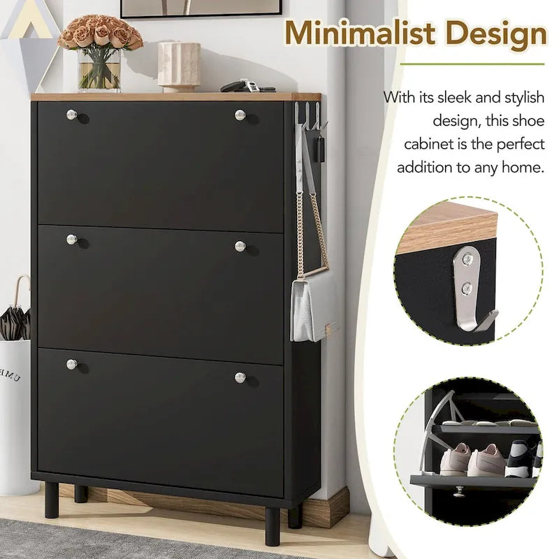 Shoe Cabinet with 3 Flip Drawers Wood Grain Pattern 3 Hooks Adjustable Shelves Free Standing Shoe Rack