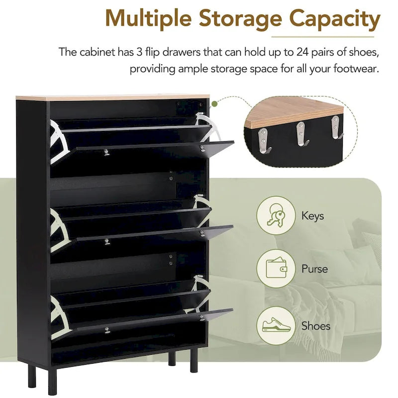 Shoe Cabinet with 3 Flip Drawers Wood Grain Pattern 3 Hooks Adjustable Shelves Free Standing Shoe Rack