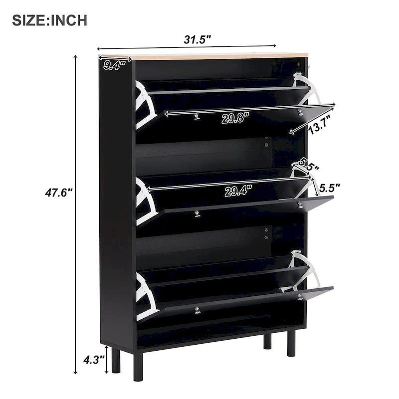 Shoe Cabinet with 3 Flip Drawers Wood Grain Pattern 3 Hooks Adjustable Shelves Free Standing Shoe Rack