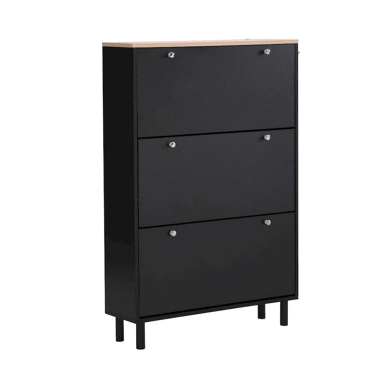 Shoe Cabinet with 3 Flip Drawers Wood Grain Pattern 3 Hooks Adjustable Shelves Free Standing Shoe Rack