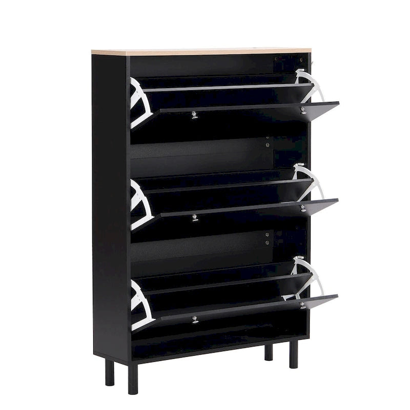 Shoe Cabinet with 3 Flip Drawers Wood Grain Pattern 3 Hooks Adjustable Shelves Free Standing Shoe Rack