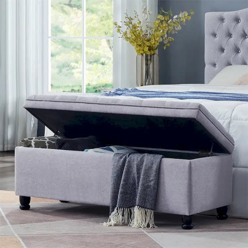 Upholstered Tufted Button Storage Bench with Spindle Wooden Legs