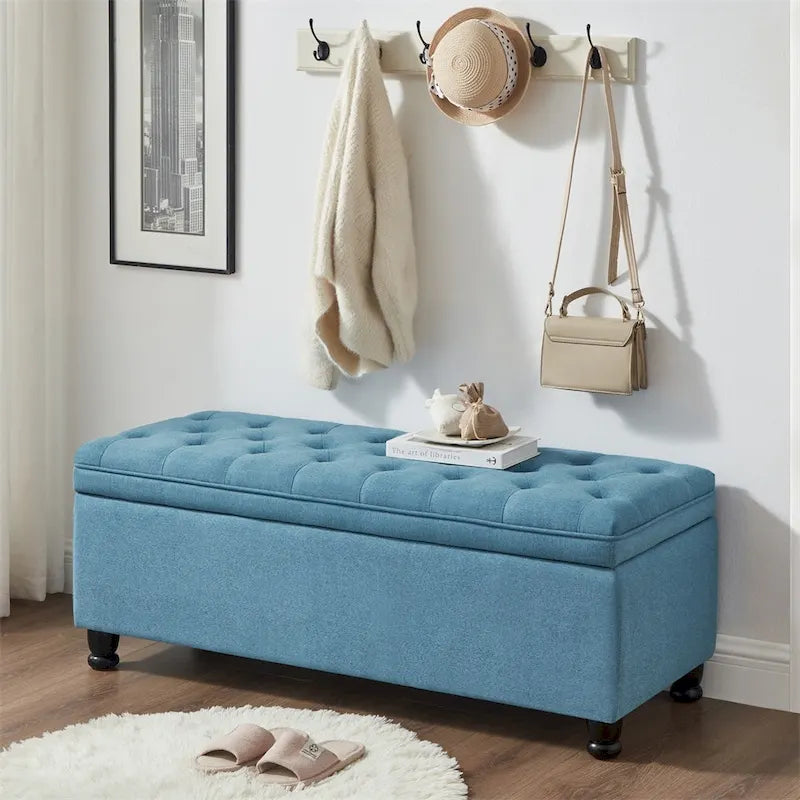 Upholstered Tufted Button Storage Bench with Spindle Wooden Legs