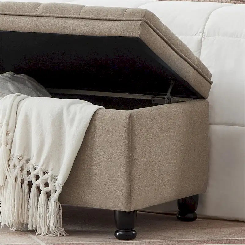 Upholstered Tufted Button Storage Bench with Spindle Wooden Legs