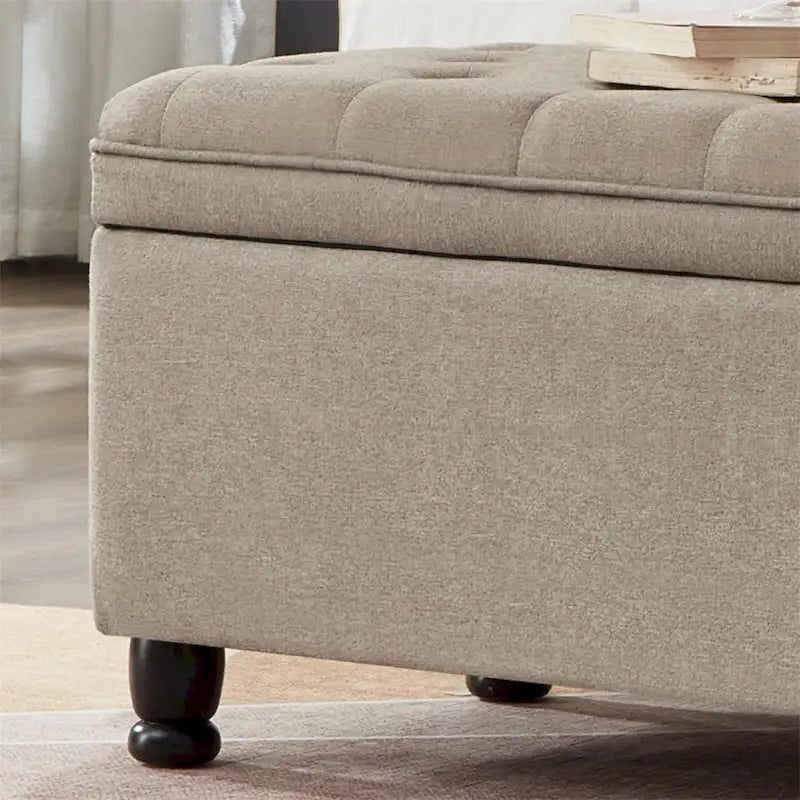 Upholstered Tufted Button Storage Bench with Spindle Wooden Legs