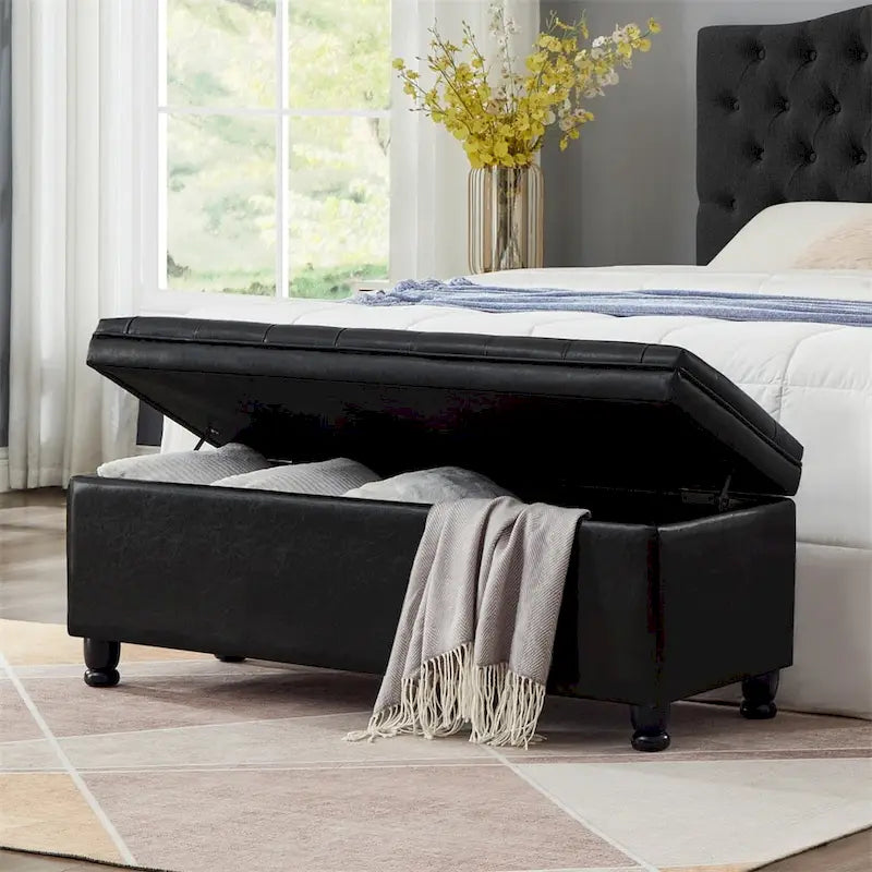 Upholstered Tufted Button Storage Bench with Spindle Wooden Legs