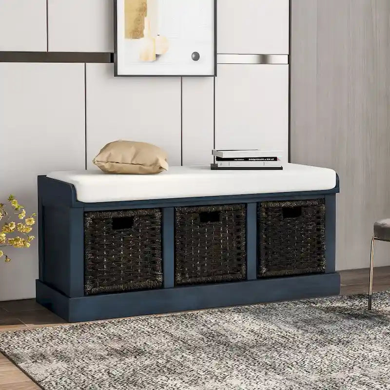 Entryway Bench with 3 Removable Rattan Baskets