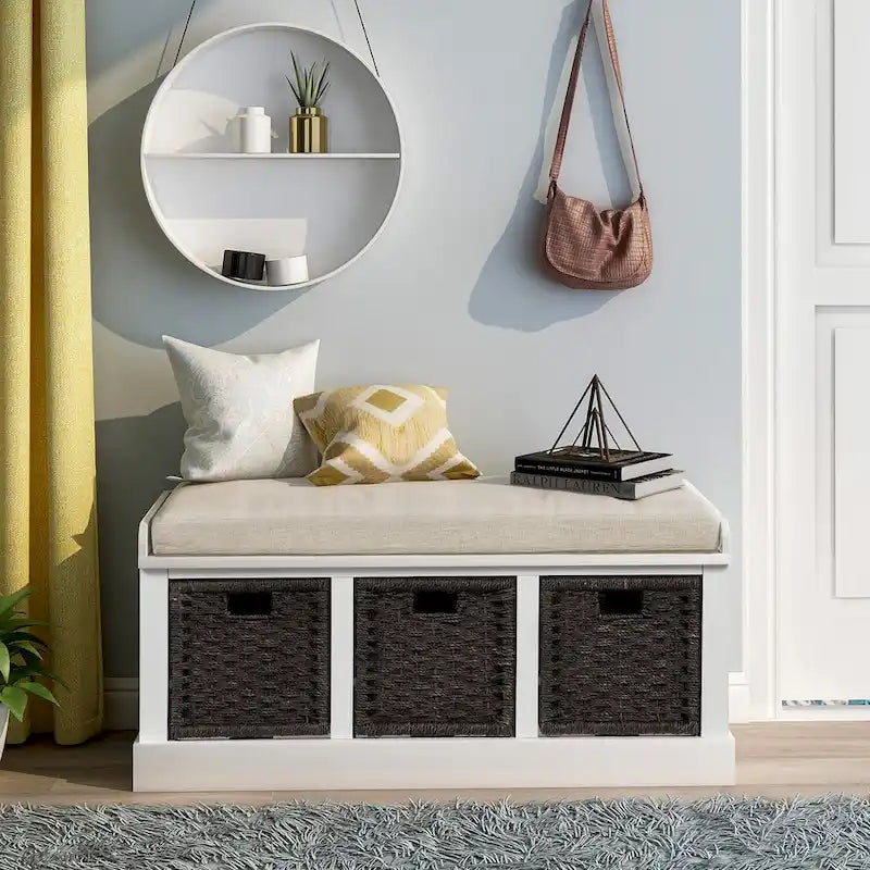 Entryway Bench with 3 Removable Rattan Baskets