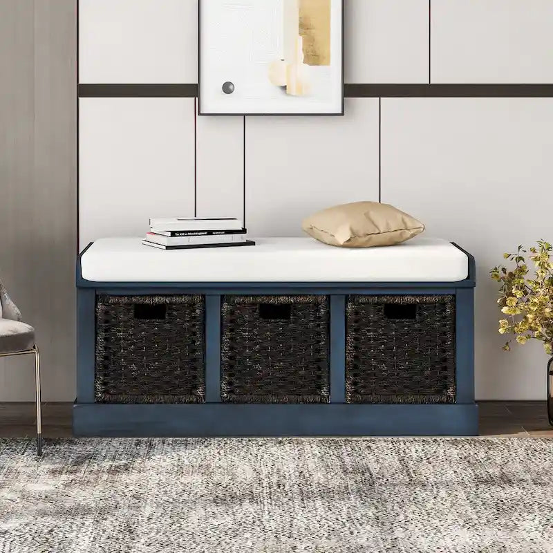 Entryway Bench with 3 Removable Rattan Baskets