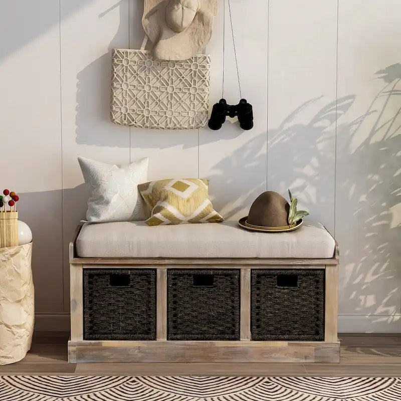 Entryway Bench with 3 Removable Rattan Baskets