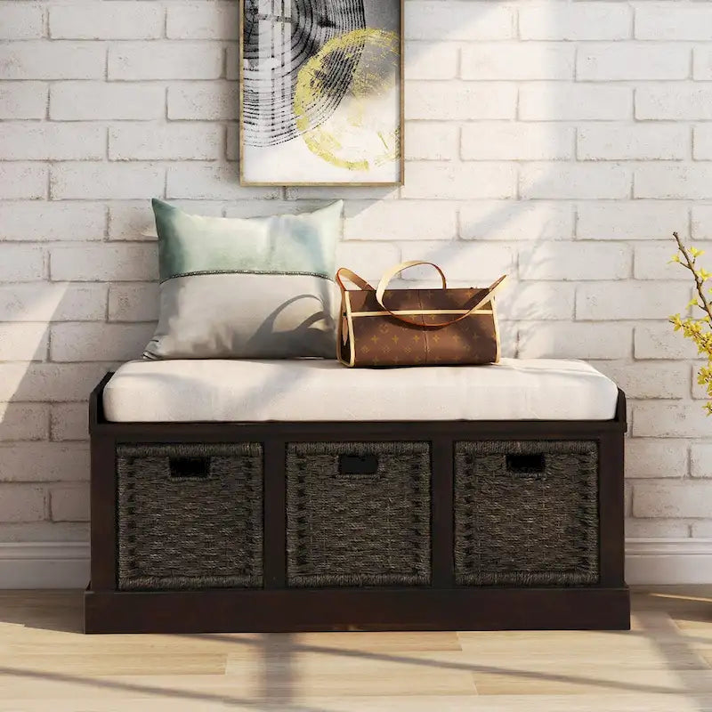 Entryway Bench with 3 Removable Rattan Baskets