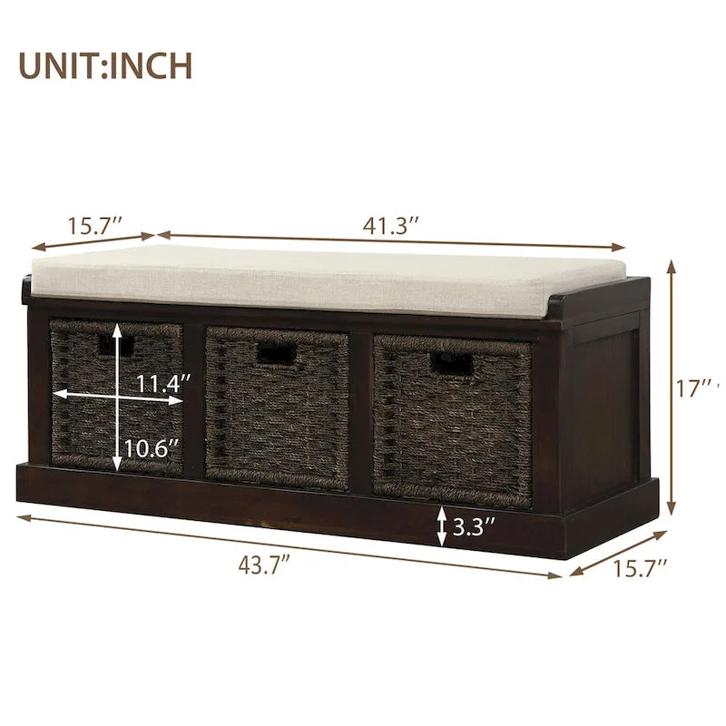 Entryway Bench with 3 Removable Rattan Baskets