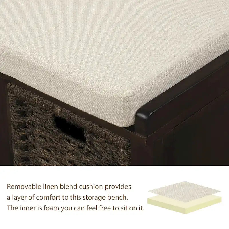 Entryway Bench with 3 Removable Rattan Baskets