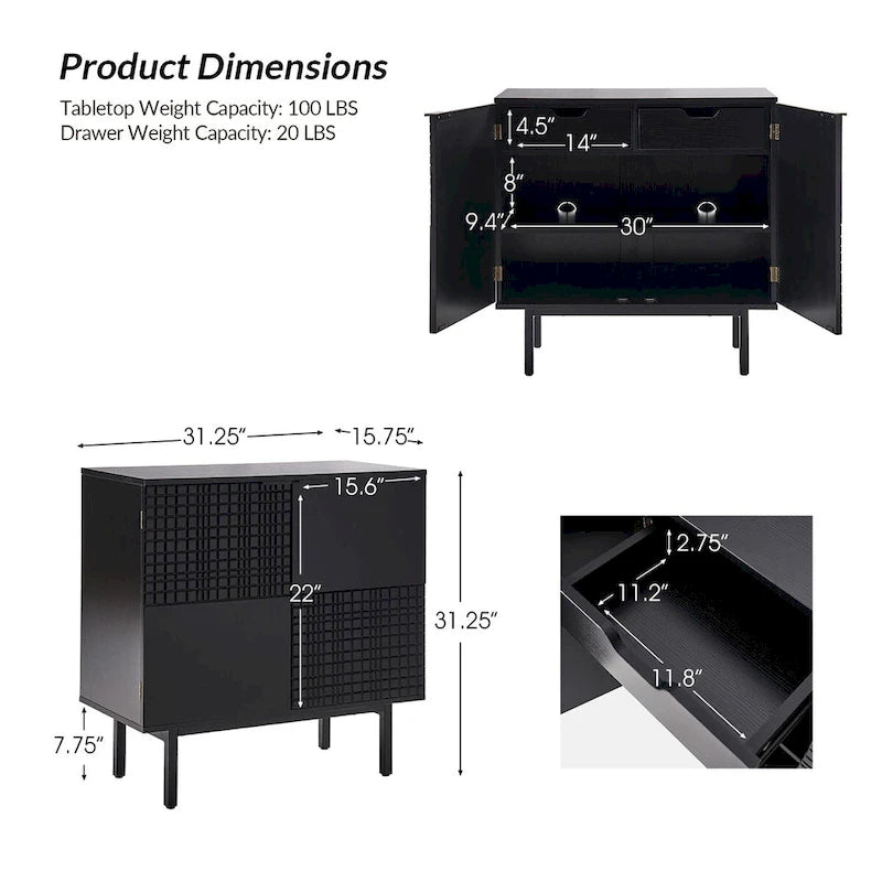 Moderner 30-Inch-hoher Akzent-Aufbewahrungsschrank mit 2 Türen und verstellbaren Metallbeinen