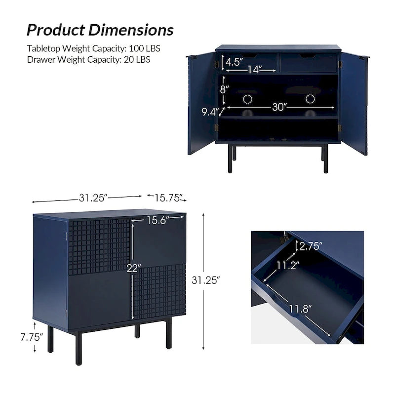 Moderner 30-Inch-hoher Akzent-Aufbewahrungsschrank mit 2 Türen und verstellbaren Metallbeinen