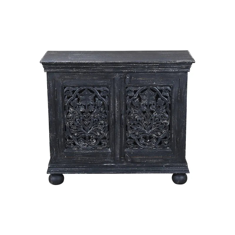 Black Hand Carved 2-Door Accent Cabinet with Mandala Design