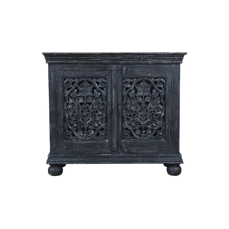 Black Hand Carved 2-Door Accent Cabinet with Mandala Design