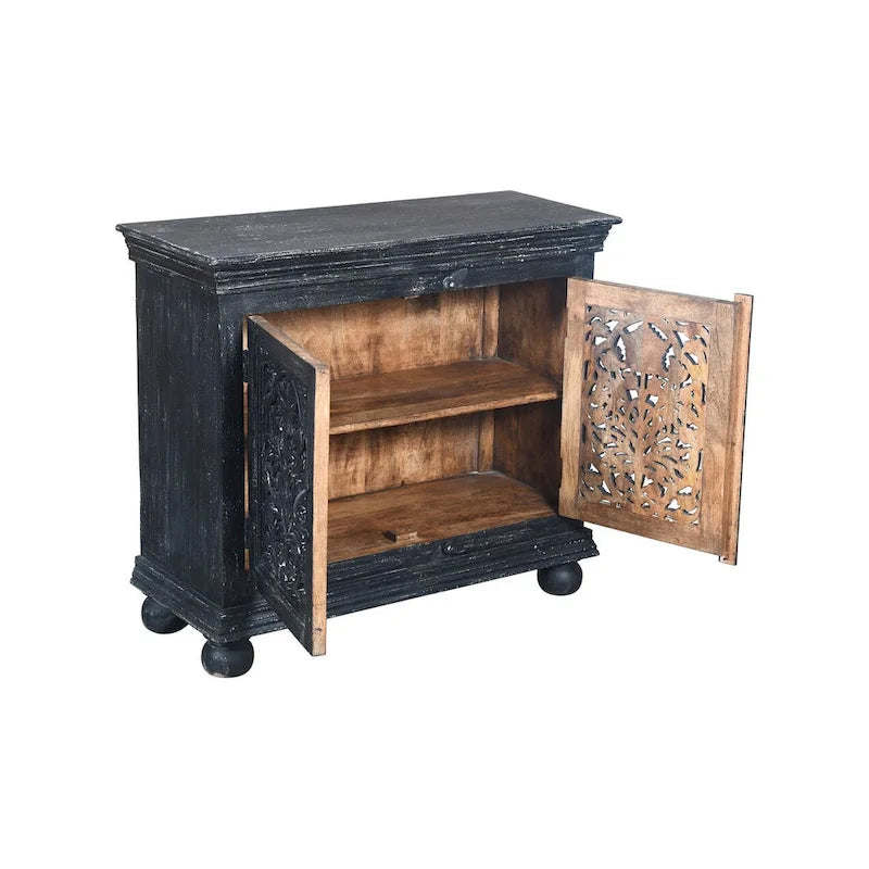 Black Hand Carved 2-Door Accent Cabinet with Mandala Design