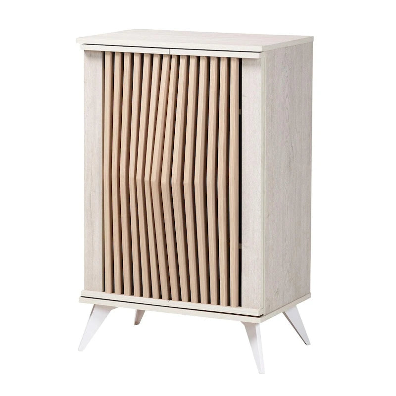 Mid-Century Modern Transitional Light Grey and Brown Wood 2-Door Storage Cabinet