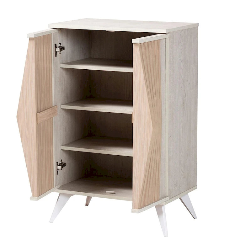 Mid-Century Modern Transitional Light Grey and Brown Wood 2-Door Storage Cabinet