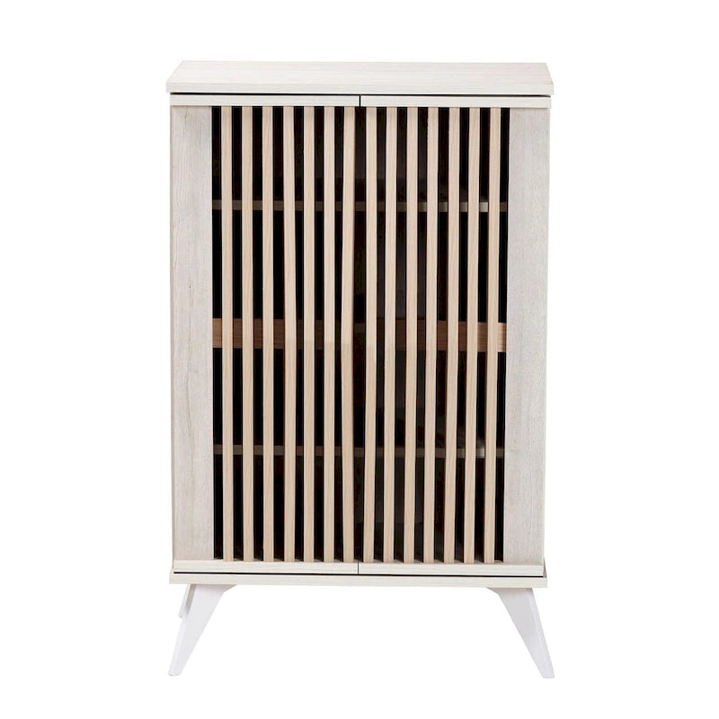 Mid-Century Modern Transitional Light Grey and Brown Wood 2-Door Storage Cabinet