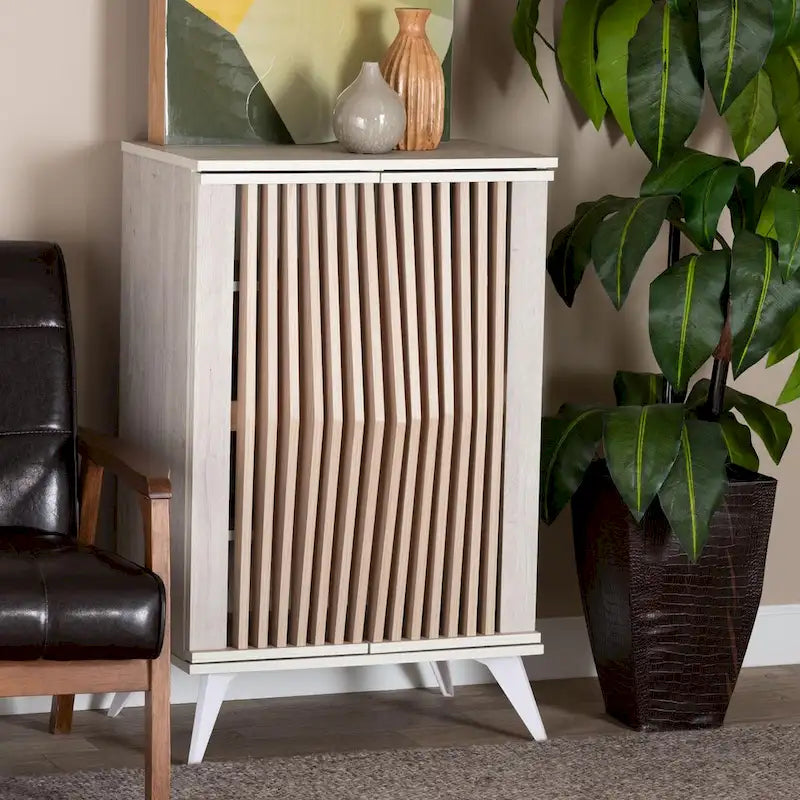 Mid-Century Modern Transitional Light Grey and Brown Wood 2-Door Storage Cabinet