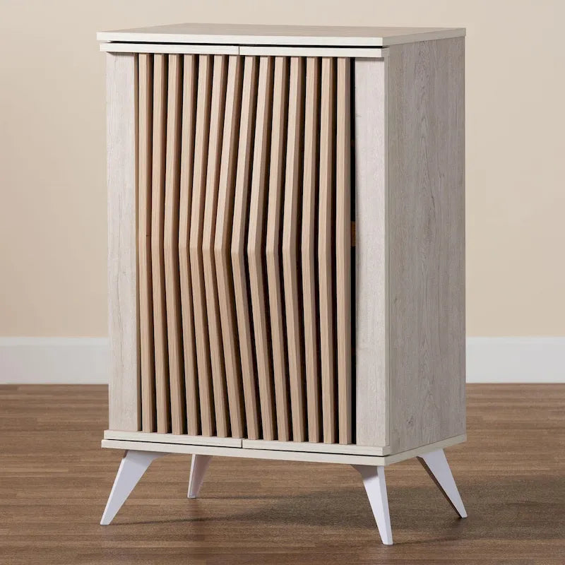 Mid-Century Modern Transitional Light Grey and Brown Wood 2-Door Storage Cabinet