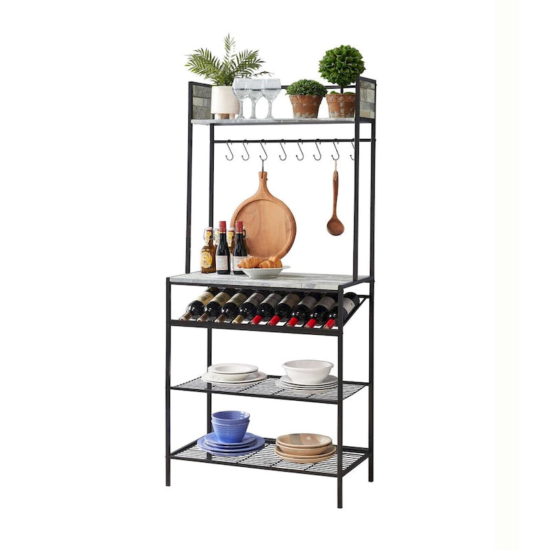 Bakers Rack with Storage Shelves, Wine Rack and Hooks, Microwave Stand for Kitchen and Dining Room
