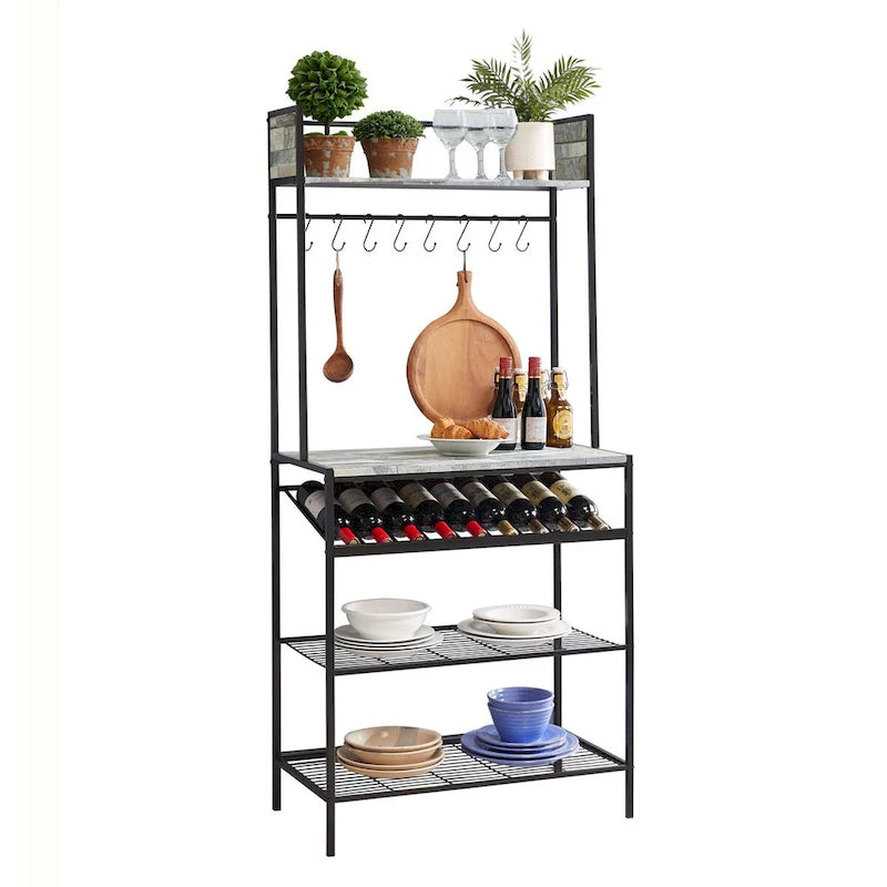 Bakers Rack with Storage Shelves, Wine Rack and Hooks, Microwave Stand for Kitchen and Dining Room
