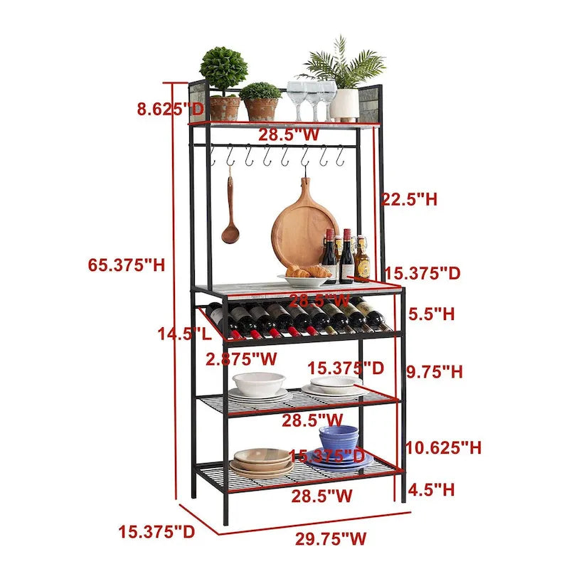 Bakers Rack with Storage Shelves, Wine Rack and Hooks, Microwave Stand for Kitchen and Dining Room