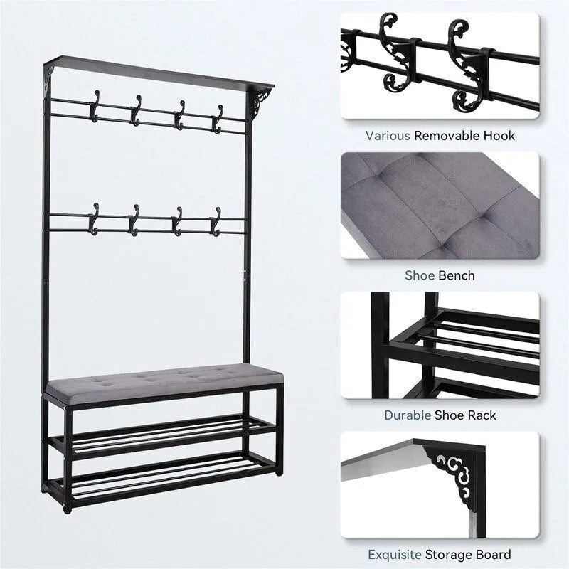 Hall Tree with Bench, Shoe Storage and Coat Hooks