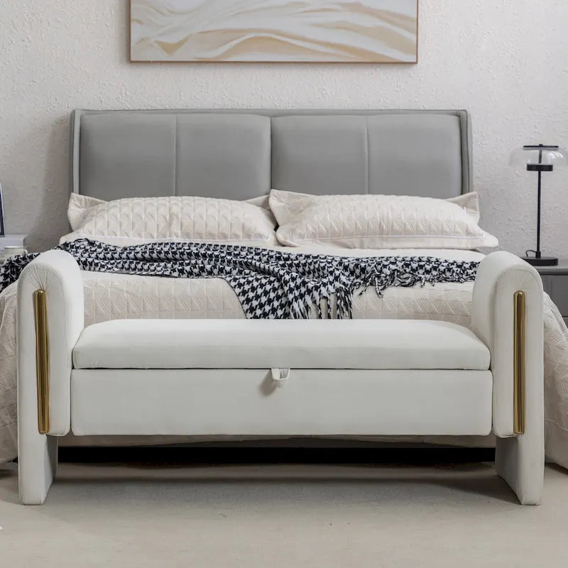 Velvet Storage Bench With Gold Metal Trim for Bedroom and Living Room