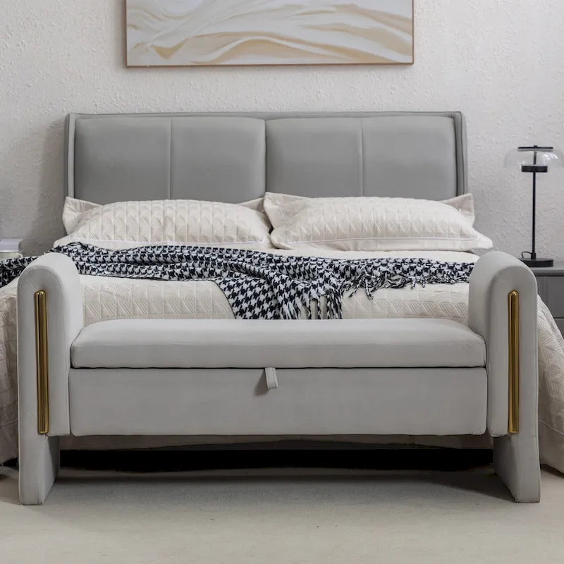 Velvet Storage Bench With Gold Metal Trim for Bedroom and Living Room